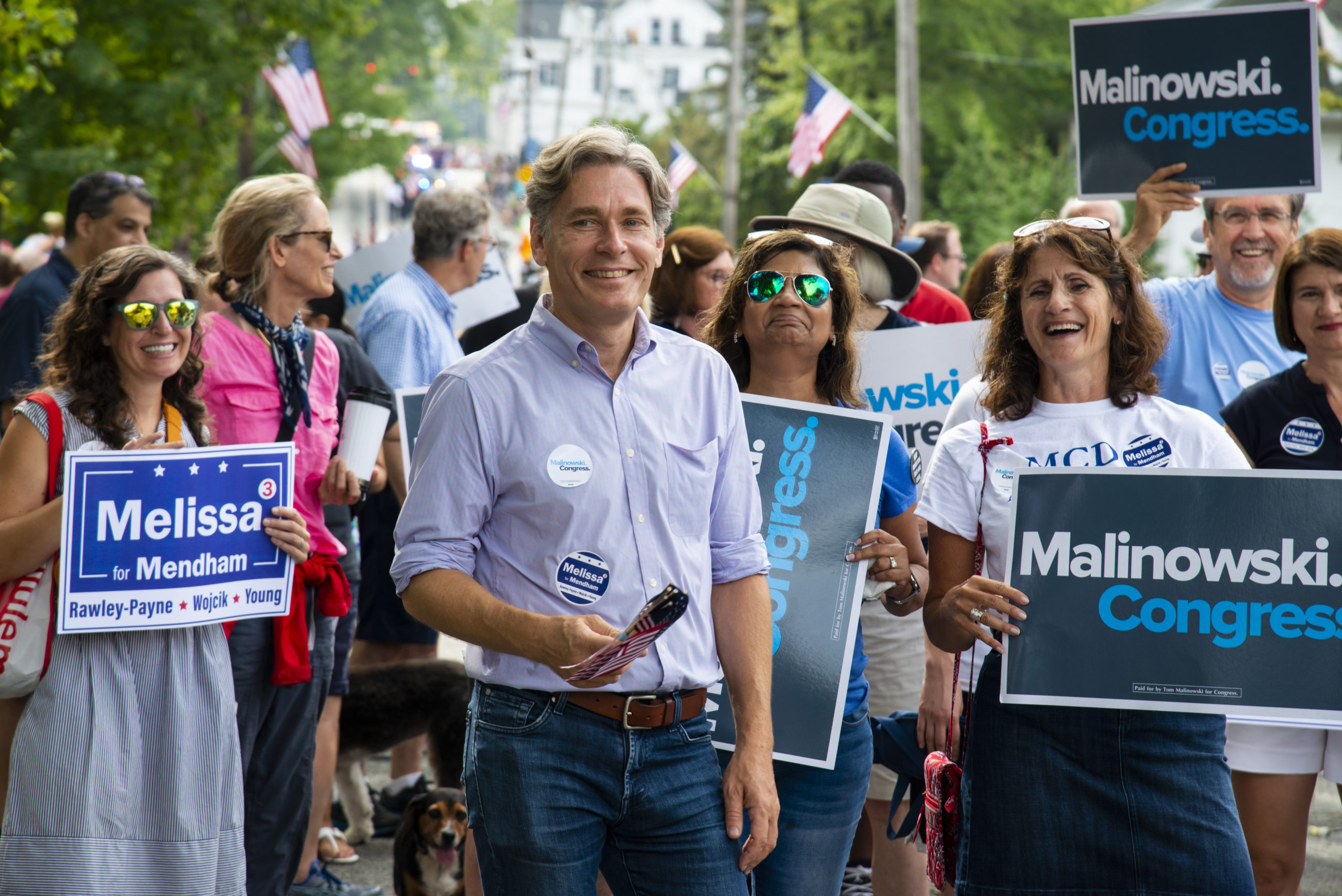Congressman Tom Malinowski with supporters marching in the Mendham Labor Day Parade.